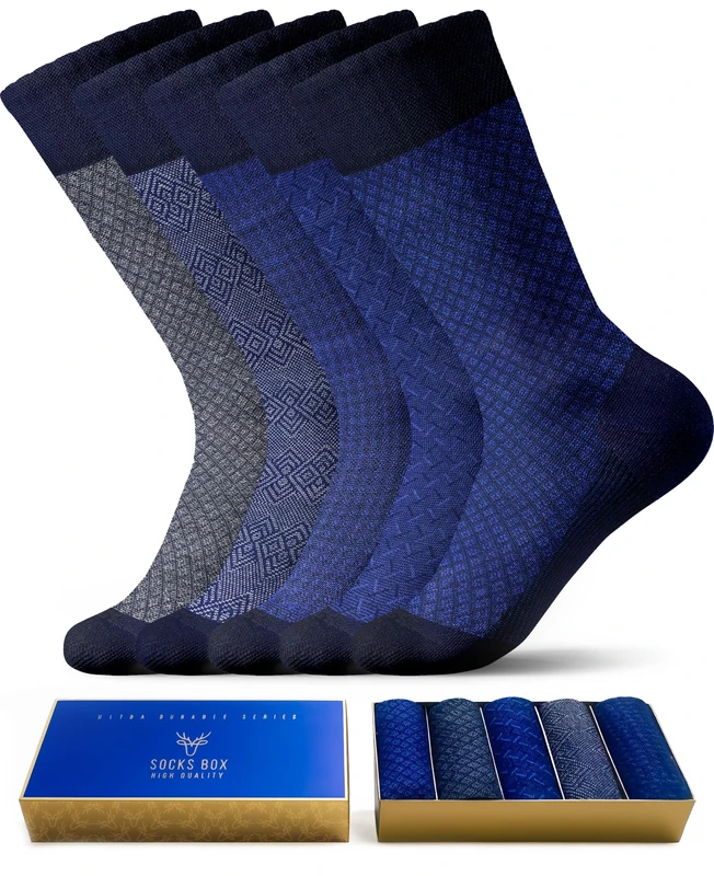 SOCKS BOX, Men’s Bamboo Dress Socks With Gift Box, Patterned, Premium Quality Crew Socks, (5/10 Pairs + Gift Box), Blue Tones, 8-12