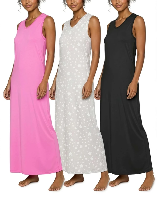 Real Essentials 3 Pack: Women's Soft Tank Nightgown Sleeveless Nightshirt Sleep Dress (Available In Plus Size), Set 2, S