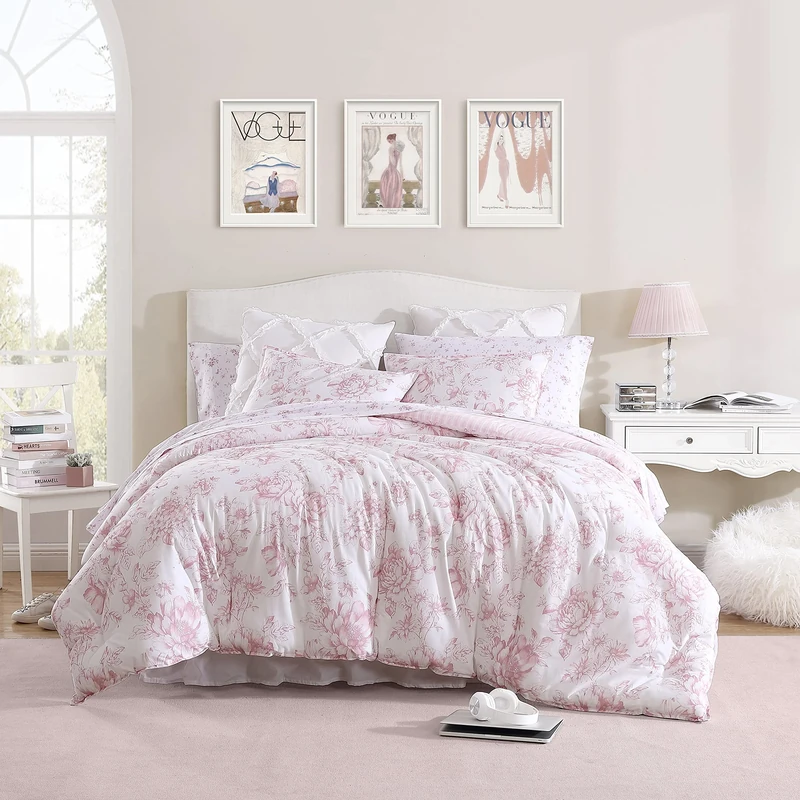 Laura Ashley Reversible Cotton Bedding with Matching Sham(s), Farmhouse Home Décor, Delphine Pink, King