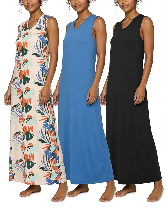 Real Essentials 3 Pack: Women's Soft Tank Nightgown Sleeveless Nightshirt Sleep Dress (Available In Plus Size), Set 5, S