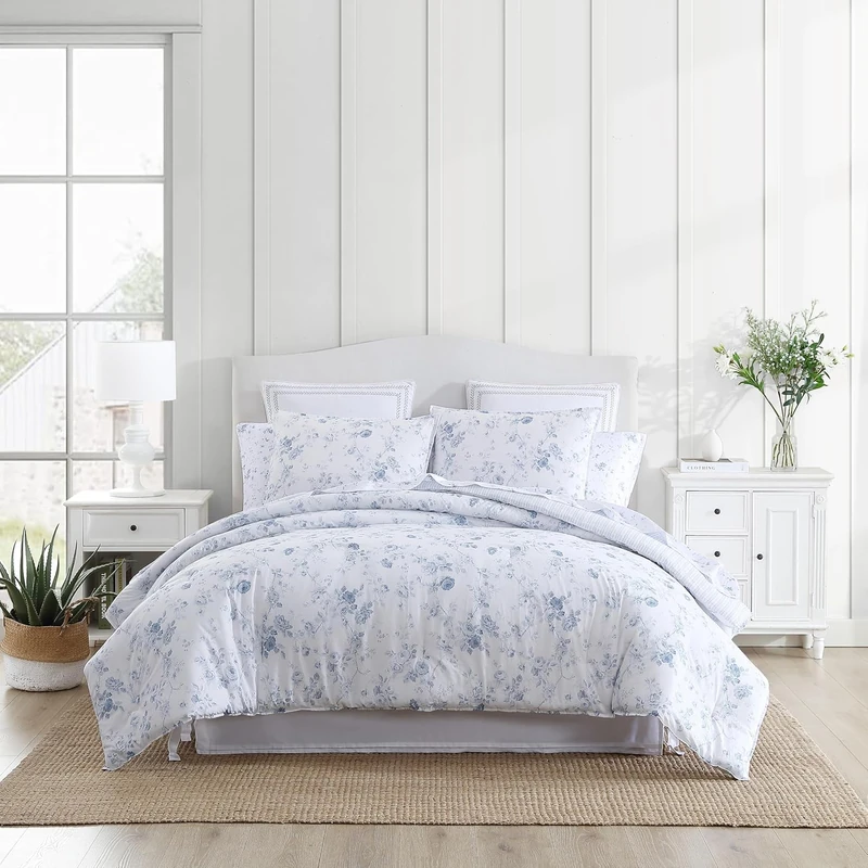 Laura Ashley Reversible Cotton Bedding with Matching Sham(s), Farmhouse Home Décor, Belinda Blue, Queen