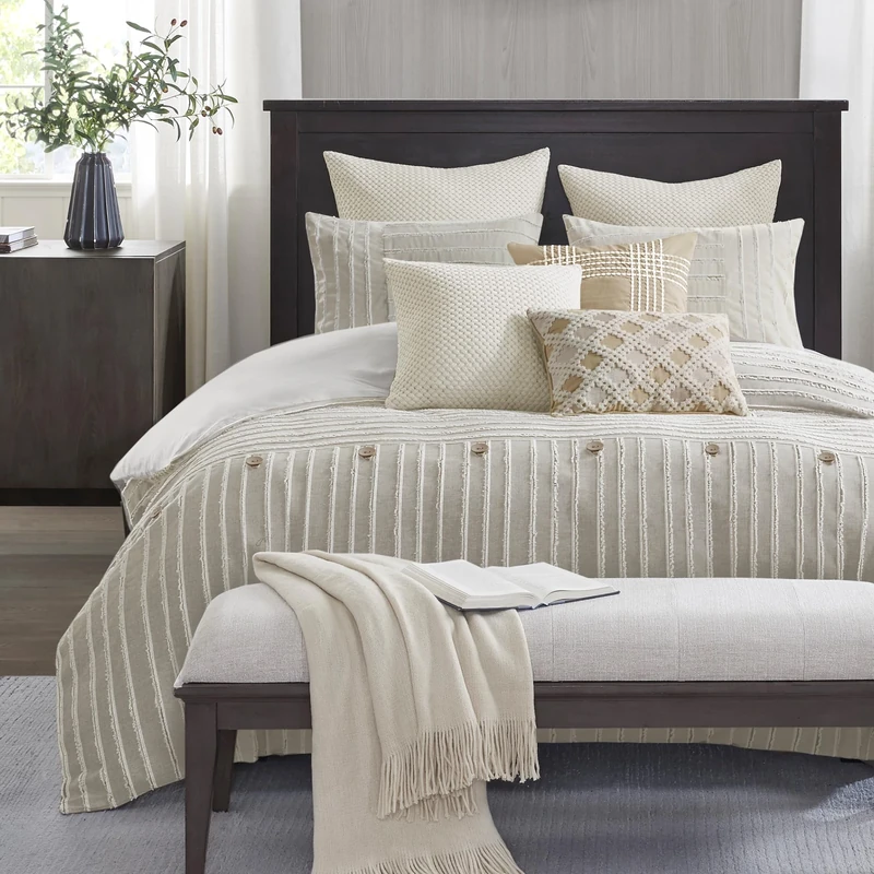 Madison Park SIGNATURE King Comforter Set - Cotton Oversized Comforters with Removable Cover Boho Bedding, Ivory, 9 Piece