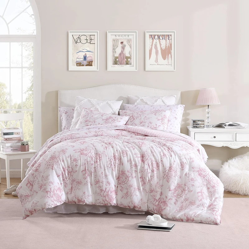 Laura Ashley Reversible Cotton Bedding with Matching Sham(s), Farmhouse Home Décor, Delphine Pink, Twin XL