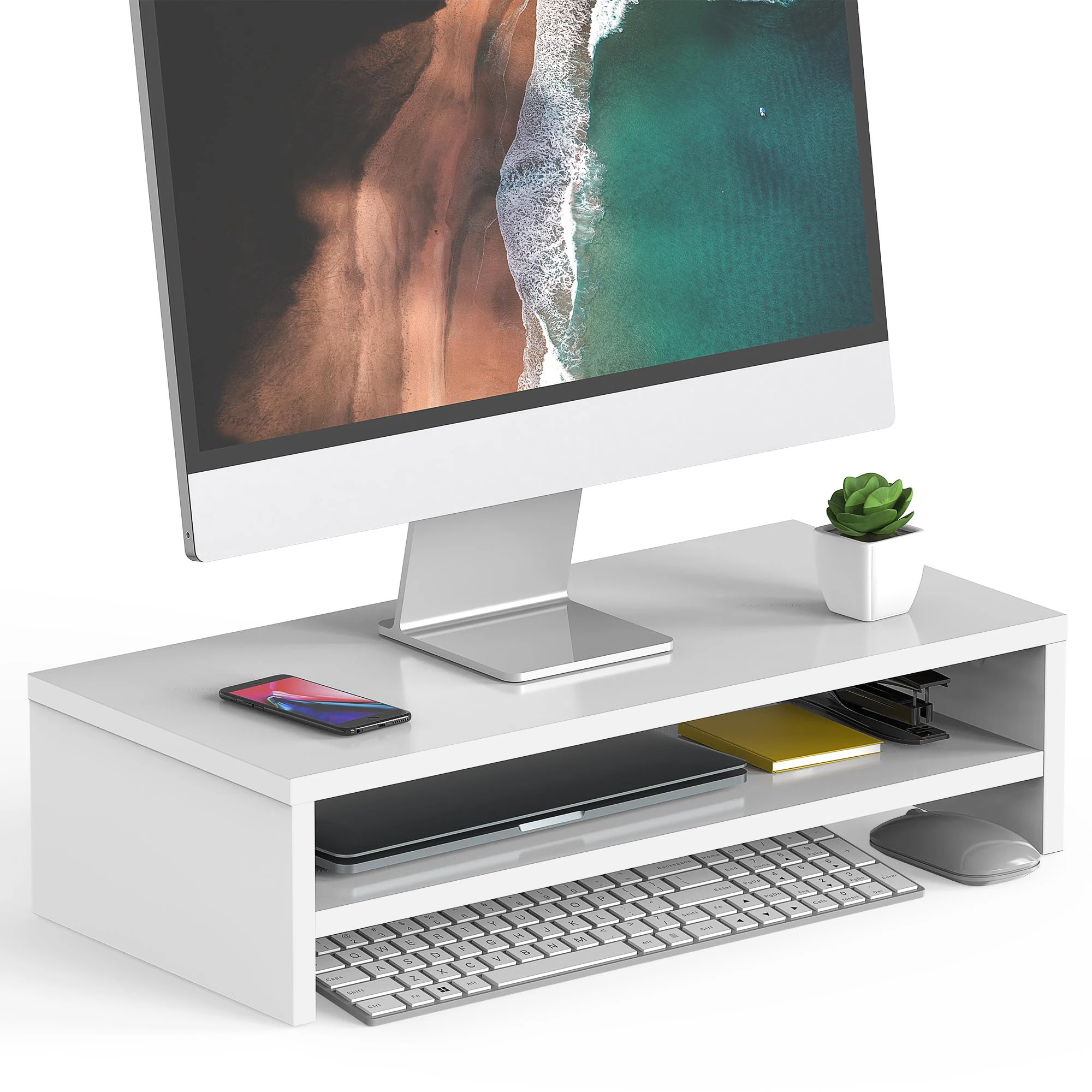 FITUEYES Monitor Stand 2 Tiers Computer Monitor Riser,54cm Wood Desktop Stand for Laptop Computer Screen Riser, with Storage Shelf, Office Supplies, Desk Organizer, White
