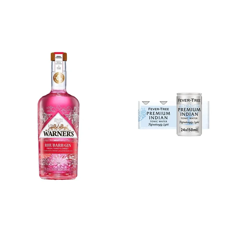 Warner's Rhubarb Gin, 70 cl & Fever-Tree Refreshingly Light Indian Tonic Water, 150ml, 8 Count (Pack of 3) (Total 24 cans)