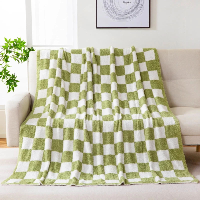 YIRUIO Throw Blankets Checkerboard Queen/King Size Big Chessboard Checkered Warmer Comfort Plush Reversible Microfiber Cozy Decor for Home Bed Couch (sage Green, 80''x90'')