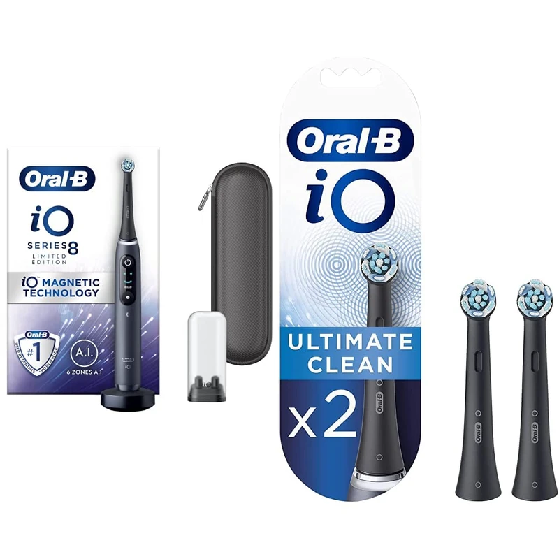 Oral-B Limited Edition iO - 8 - Electric Toothbrush Rechargeable Designed by Braun & iO Ultimate Clean Electric Toothbrush Head, Twisted & Angled Bristles for Deeper Plaque Removal, Pack of 2, Black