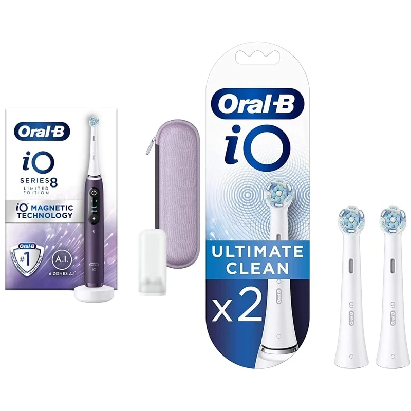 Oral-B Limited Edition iO - 8 - Electric Toothbrush Rechargeable & iO Ultimate Clean Electric Toothbrush Head, Twisted & Angled Bristles for Deeper Plaque Removal, Pack of 2, White