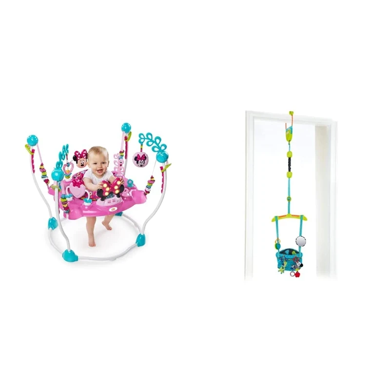 Bright Starts, Disney Baby, Minnie Mouse Peekaboo Baby Activity Jumper & Bouncer, Interactive Play Centre with Lights and Melodies & Door Jumper - Bounce 'n Spring Deluxe with Padded Seat
