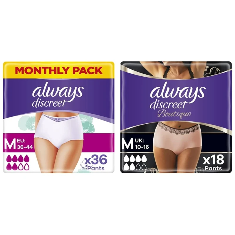 Always Discreet Incontinence Pants Women, Medium, Plus, 36 Pants (9 x 4 Packs) & Discreet Boutique Incontinence Pants Women, Medium, Plus