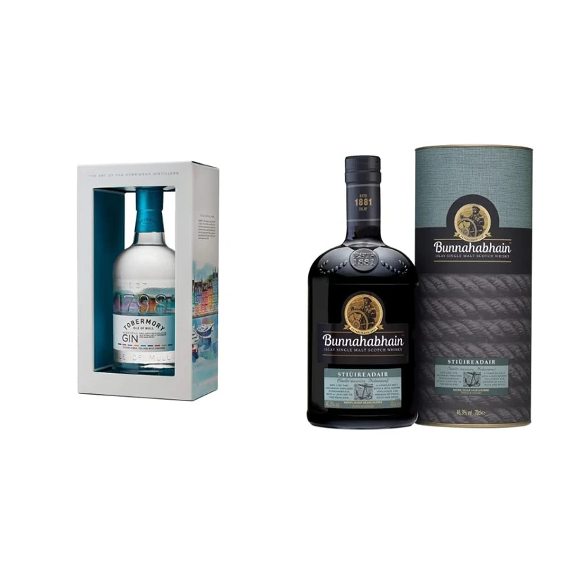 Tobermory Hebridean Gin, 70cl, Craft Scottish Gin with Gift Box & Bunnahabhain Stiuireadair Islay Single Malt Scotch Whisky 700 ml