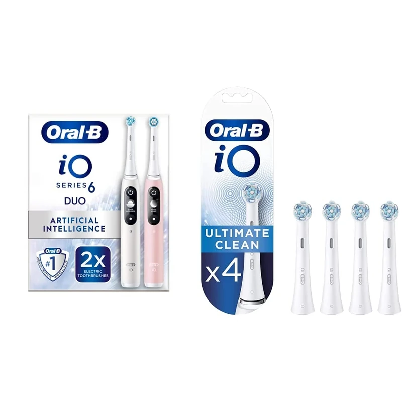 Oral-B iO6 2X Electric Toothbrushes with Revolutionary iO Technology & iO Ultimate Clean Electric Toothbrush Head, Twisted & Angled Bristles for Deeper Plaque Removal, Pack of 4, White