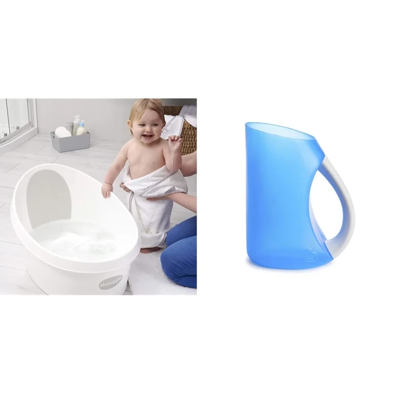 Shnuggle Toddler Bath - White & Light Grey, Bath Jug & Shampoo Rinser for Hair Wash