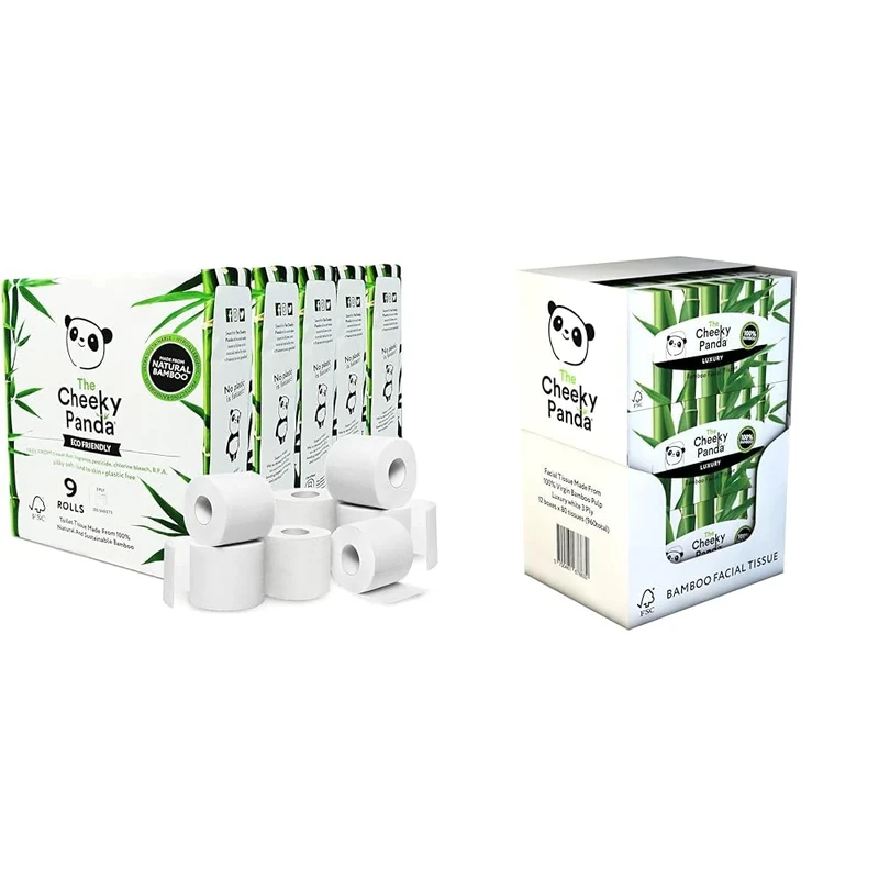 The Cheeky Panda Bamboo Toilet Rolls Bulk Buy – 45 Rolls (5 Packs of 9) | 3 Ply Toilet Paper & Bamboo Facial Tissues Box Multipack | 12 Boxes (960 Tissues)