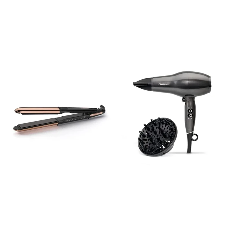 BaByliss Straight and Curl Brilliance Hair Straightener and Curler, Curved Metal Design & Platinum Diamond 2300W Professional AC Motor hairdryer, Ultra-Fast Drying, Ionic, Diffuser