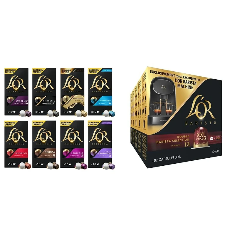 L'OR Favourites Assortment Nespresso Compatible Coffee Pods (Pack of 8, Total 80 Drinks) & L’OR BARISTA Double Barista Selection XXL Aluminium Coffee Capsules (5 X 10 Pods) Intensity 13