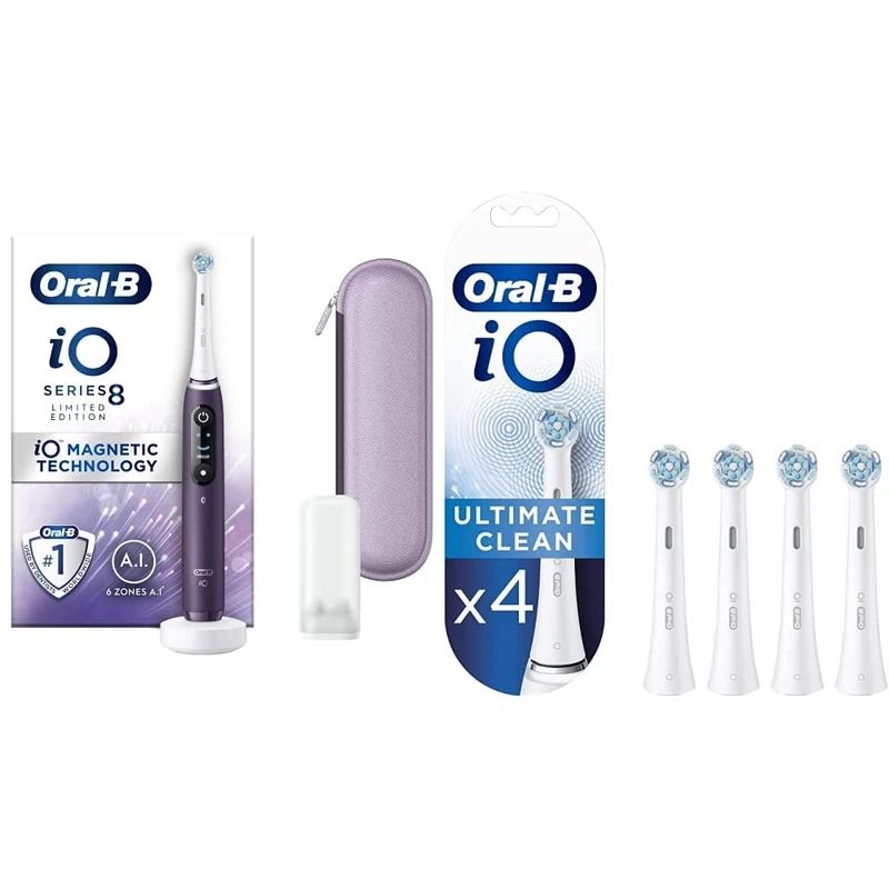 Oral-B Limited Edition iO - 8 - Electric Toothbrush Rechargeable & iO Ultimate Clean Electric Toothbrush Head, Twisted & Angled Bristles for Deeper Plaque Removal, Pack of 4, White