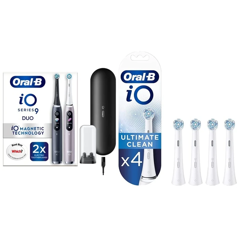 Oral-B iO9 2X Electric Toothbrushes, App Connected Handle, 2 Ultimate Clean Toothbrush Heads & iO Ultimate Clean Electric Toothbrush Head, Twisted & Angled Bristles for Deeper Plaque Removal, Pack 4