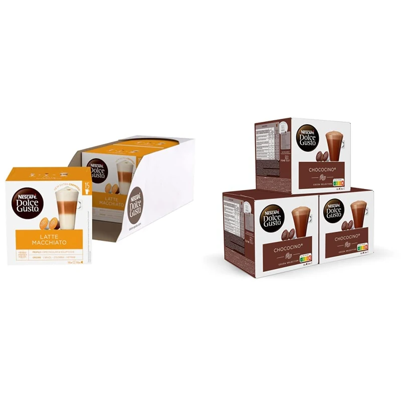 Nescafe Dolce Gusto Latte Macchiato Coffee Pods (Pack of 3, Total 90 Capsules) & Nescafé Dolce Gusto Chococino Coffee Pods (Pack of 3, 48 Capsules) - Image 1