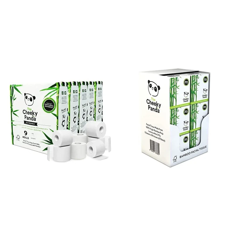 The Cheeky Panda Bamboo Toilet Rolls Bulk Buy – 45 Rolls (5 Packs of 9) | 3 Ply Toilet Paper | Plastic & Bamboo Facial Tissues | 12 Cube Tissue Boxes