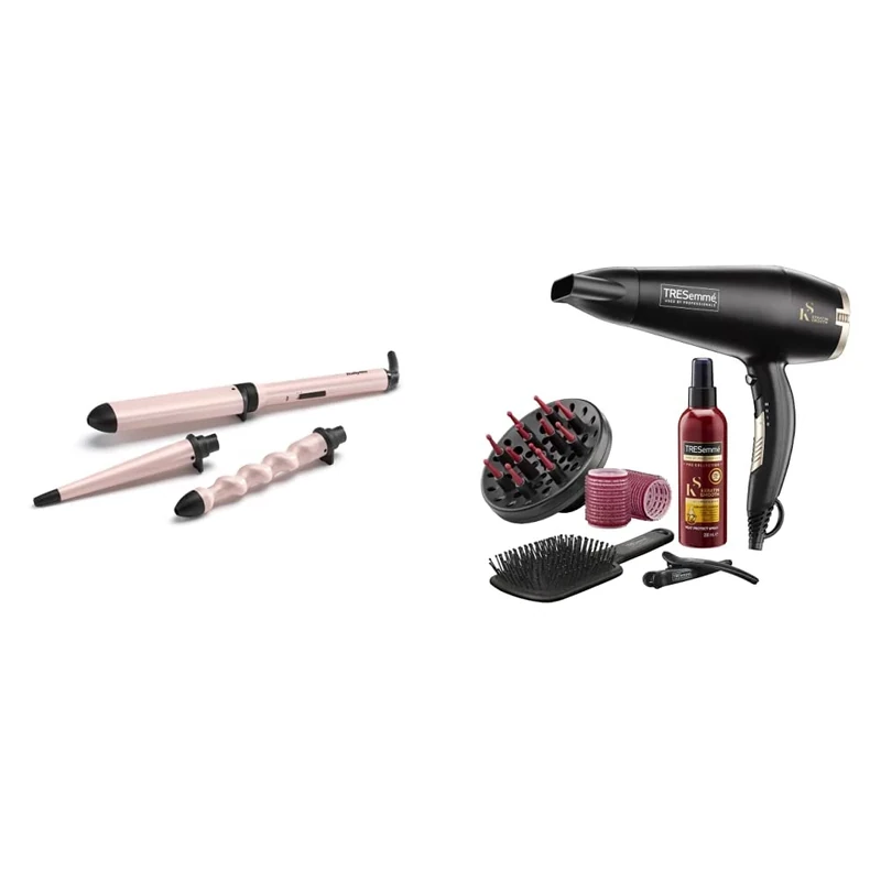 BaByliss Curl & Wave Trio Styler, Multi-Styler, Hair Waver, Beachy Waves & TRESemme Keratin Smooth 2200W Volume Shine Hair Dryer Gift Set, Diffuser Dryer, Paddle Brush, Hair Rollers