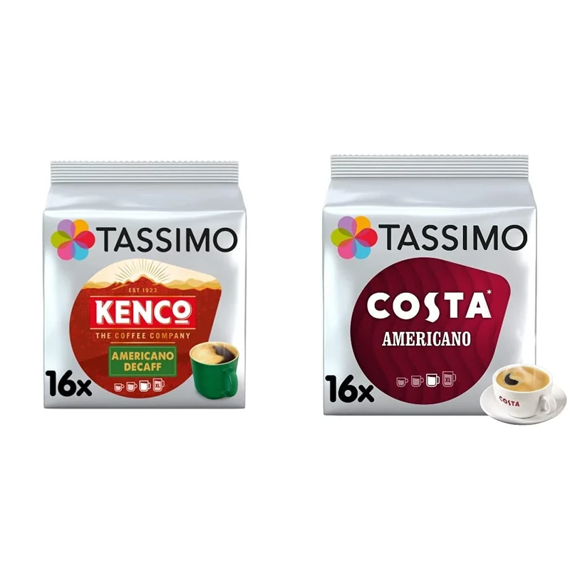 Tassimo Kenco Americano Decaf Coffee Pods (Pack of 5, Total 80 Coffee Capsules) & Tassimo Costa Americano Coffee Pods x16 (Pack of 5, Total 80 Drinks)