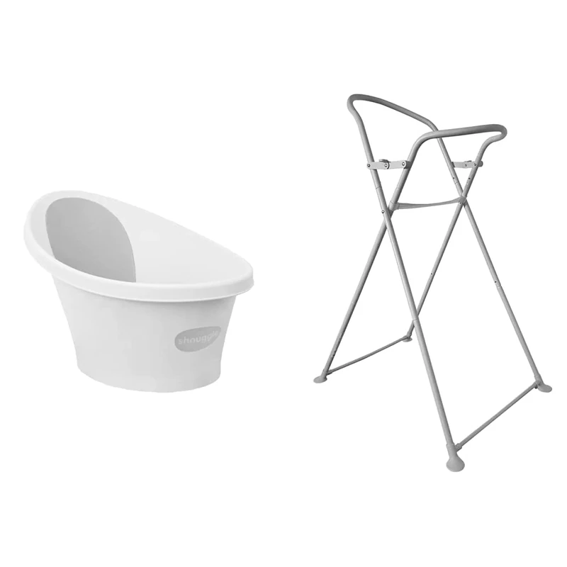 Shnuggle Newborn Baby Bath | Built in Support Bump and Soft Backrest | Suitable from Newborn | Bath Seat Support Includes Plug | White with Grey backrest & New Folding Bath Stand