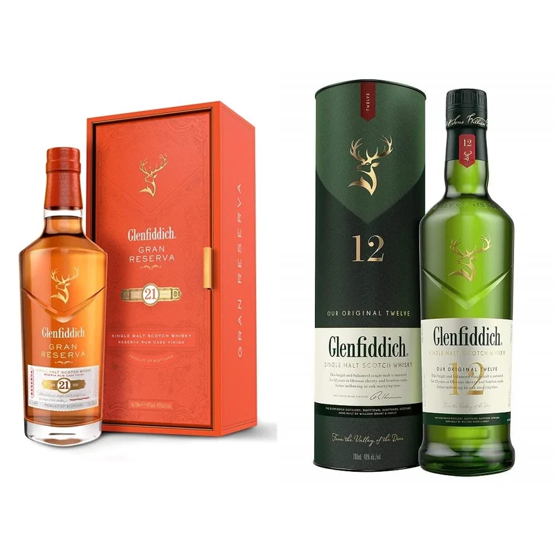 Glenfiddich 21 Year Old Single Malt Scotch Whisky with Gift Box – 70cl & 12 Year Old Single Malt Scotch Whisky, 700ml