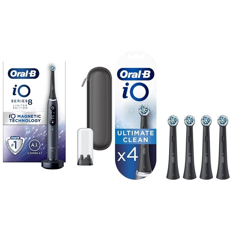 Oral-B Limited Edition iO - 8 - Electric Toothbrush Rechargeable Designed by Braun & iO Ultimate Clean Electric Toothbrush Head, Twisted & Angled Bristles for Deeper Plaque Removal, Pack of 4, Black