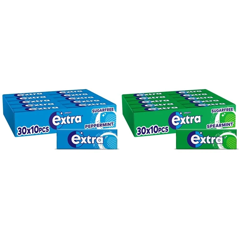 Extra Chewing Gum, Sugar Free, Peppermint Flavour, Chewing Gum Bulk, 30 Packs of 10 Pieces & Chewing Gum, Sugar Free, Spearmint Flavour, Chewing Gum Bulk, 30 Packs of 10 Pieces