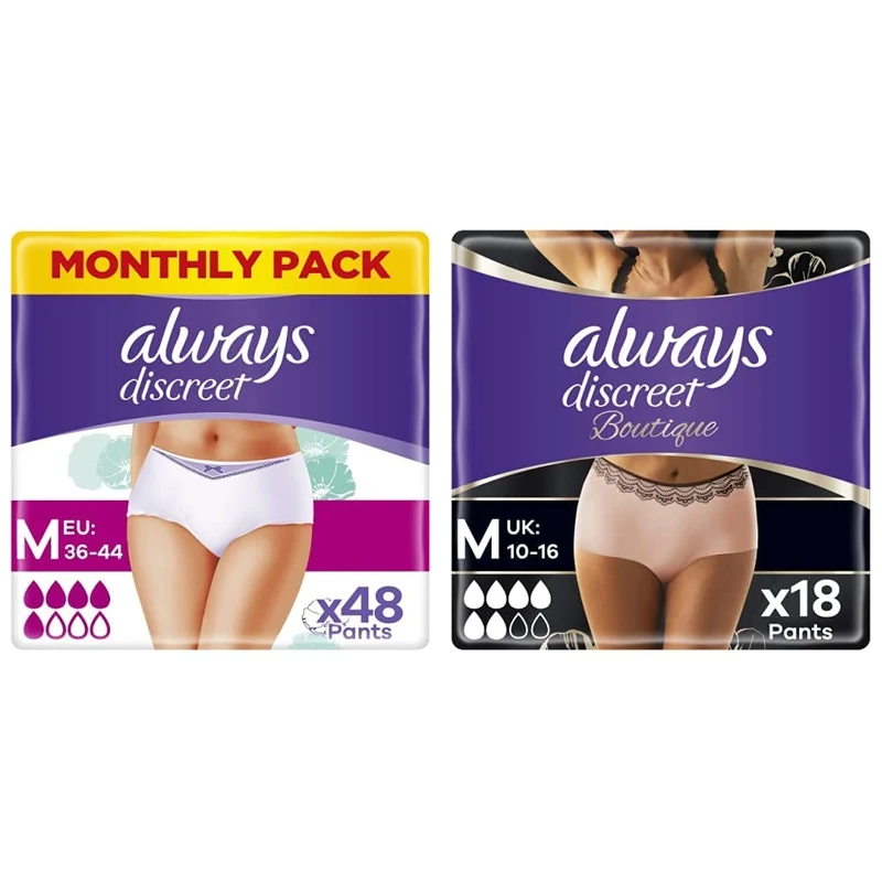 Always Discreet Incontinence Pants Women, Medium, Low Rise, 48 Pants (12 x 4 Packs), Odour Neutraliser & Discreet Boutique Incontinence Pants Women, Medium, Plus