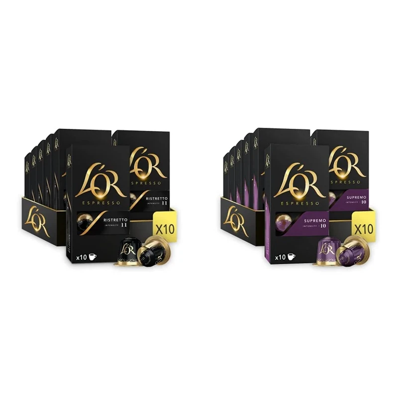 L'OR Espresso Ristretto Intensity 11 - Nespresso* Compatible Aluminium Coffee Capsules - 10 Packs of 10 Capsules (100 Drinks) & Espresso Supremo - Intensity 10 - Nespresso Compatible