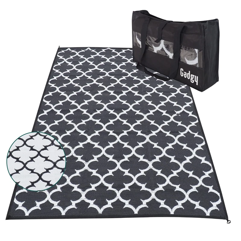 Gadgy Outdoor Rug Weatherproof – Stylish Balcony Rug Waterproof and UV Resistant – Reversible Outdoor Rug Garden – Rug Black with Carry Bag – 230 x 160 cm