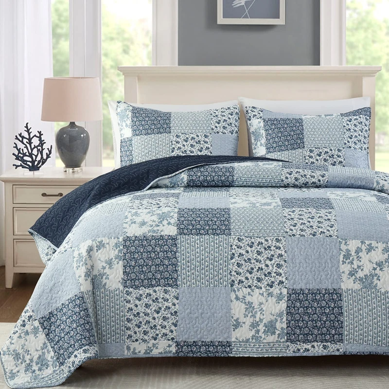 Boryard 3-Piece Queen Quilt Set, Lightweight Soft Full Size Quilt Bedspread Coverlet (90x90 inches) Bedding Set with 2 Pillow Shams (20x26 inches), Blue Plaid Print