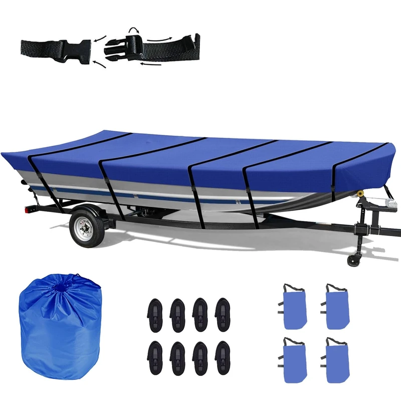Jon Boat Cover 12ft Waterproof Trailerable Jon Boat Upgraded Version with Additional Fixing Accessories no Water Accumulation and Windproof (Blue, 12ft Long,Beam Width up to 56in)