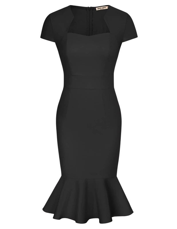 GRACE KARIN Womens Elegant Cap Sleeve Fishtail Midi Tweed Bodycon Dress, Black-Fishtail, M