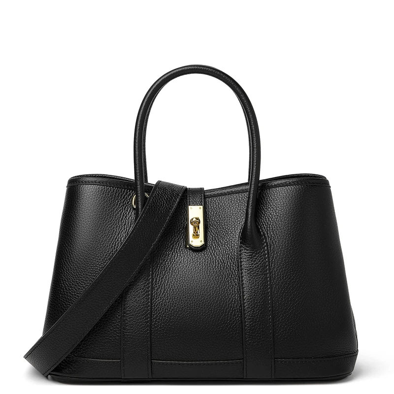 Doris&Jacky Leather Tote Bag For Women Designer Shoulder Purse With Wide Strap, Black, M