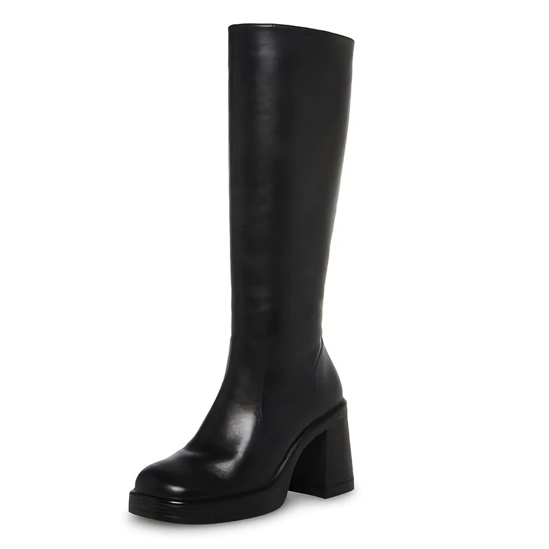 SOVANYOU Black Leather Boots Platform Boots for Women Square Toe Chunky Block Heeled Boots Side Zip, Black-01, 12 - Image 1