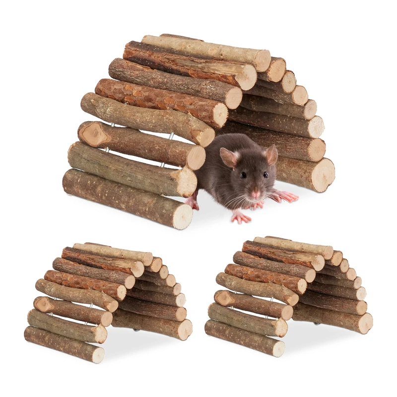 Relaxdays Rodent Bridge Tunnel, Set of 3, 10 x 22 cm, Flexible, Cage Accessory Hamster &, Mice, Natural Wood - Image 1