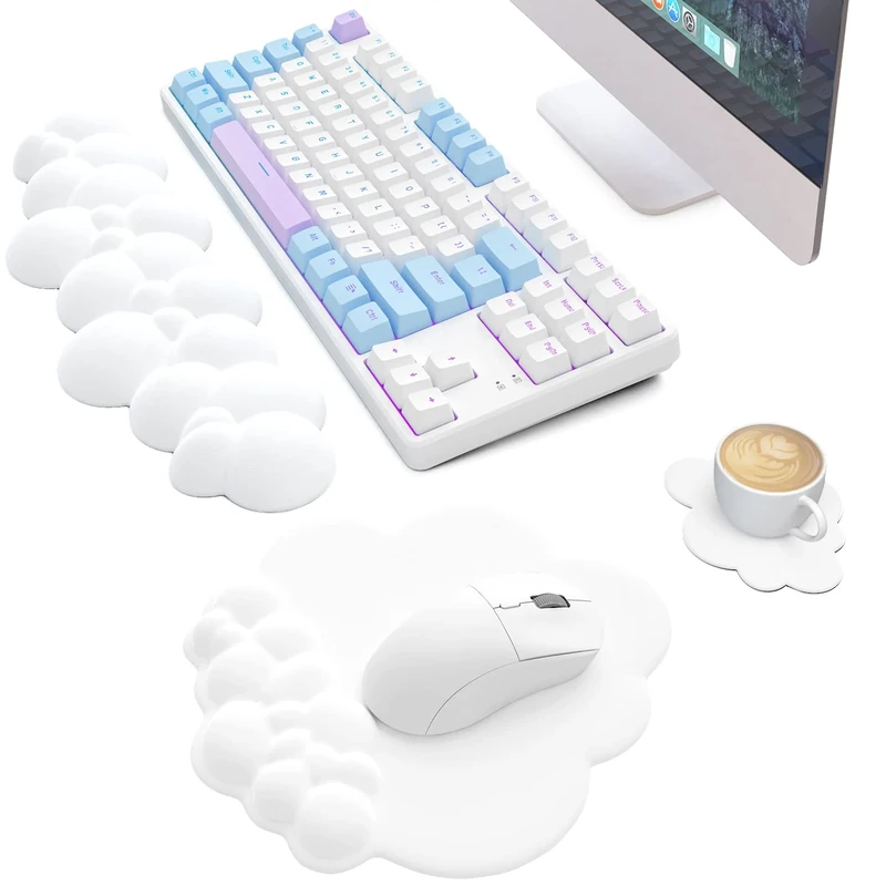 MANBASNAKE Cloud Mouse Pad Wrist Support Keyboard Wrist Rest Set with Ergonomic Memory Foam,Non-Slip Base,Cloud Coasters for Home,Office,Laptop,Desktop Computer,Easy Typing Pain Relief- White