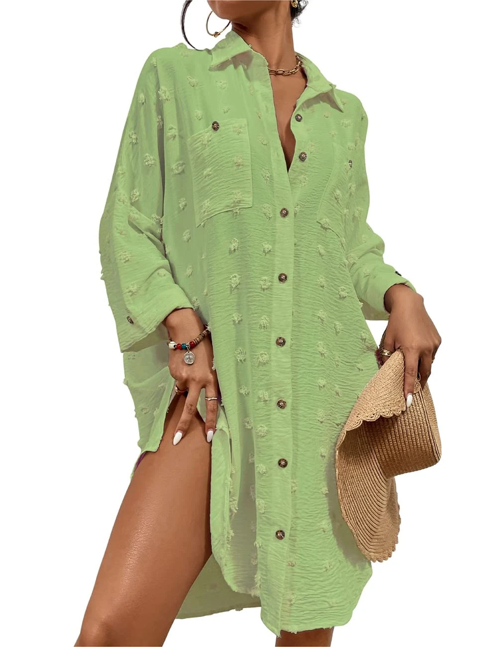 Bsubseach Swimsuit Coverup for Women Bathing Suit Blouse Button Down Shirt Dresses Swiss Dot Avocado Green