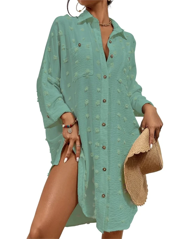Bsubseach Swimsuit Coverup for Women Bathing Suit Blouse Button Down Shirt Dresses Swiss Dot Blue Green