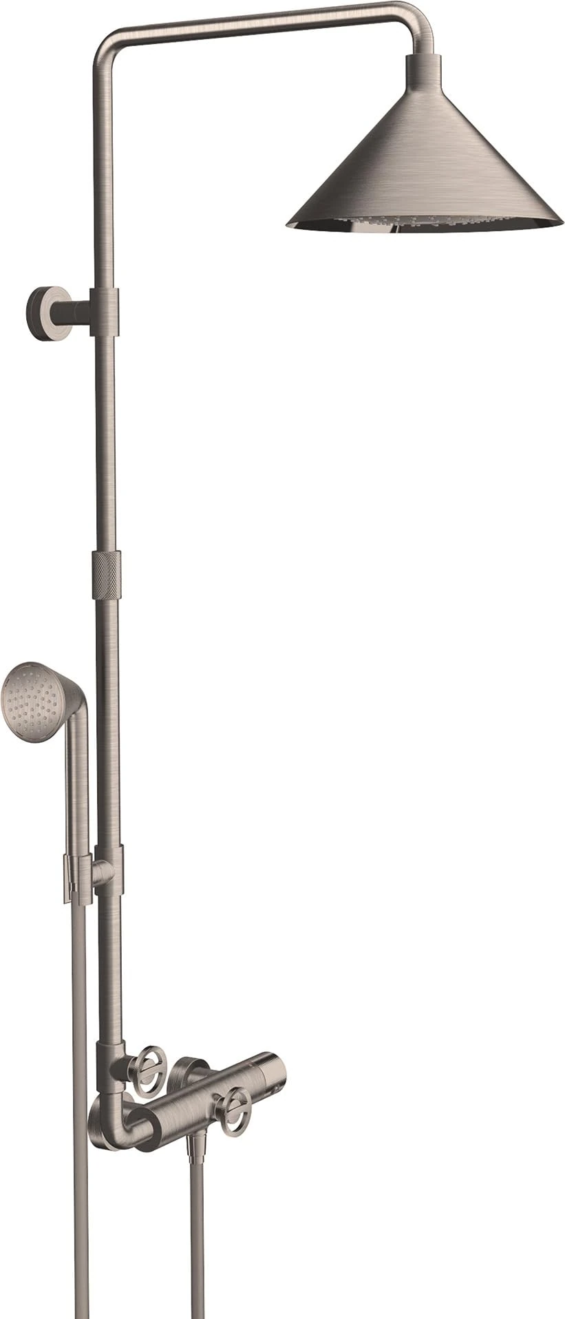 Hansgrohe Axor Starck ShowerSolutions Showerpipe with thermostat and 2jet shower head designed by Front; color: Stainless Steel Optic
