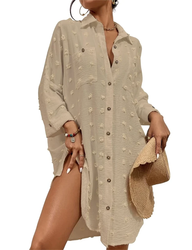 Bsubseach Swimsuit Coverup for Women Bathing Suit Blouse Button Down Shirt Dresses Swiss Dot Light Khaki
