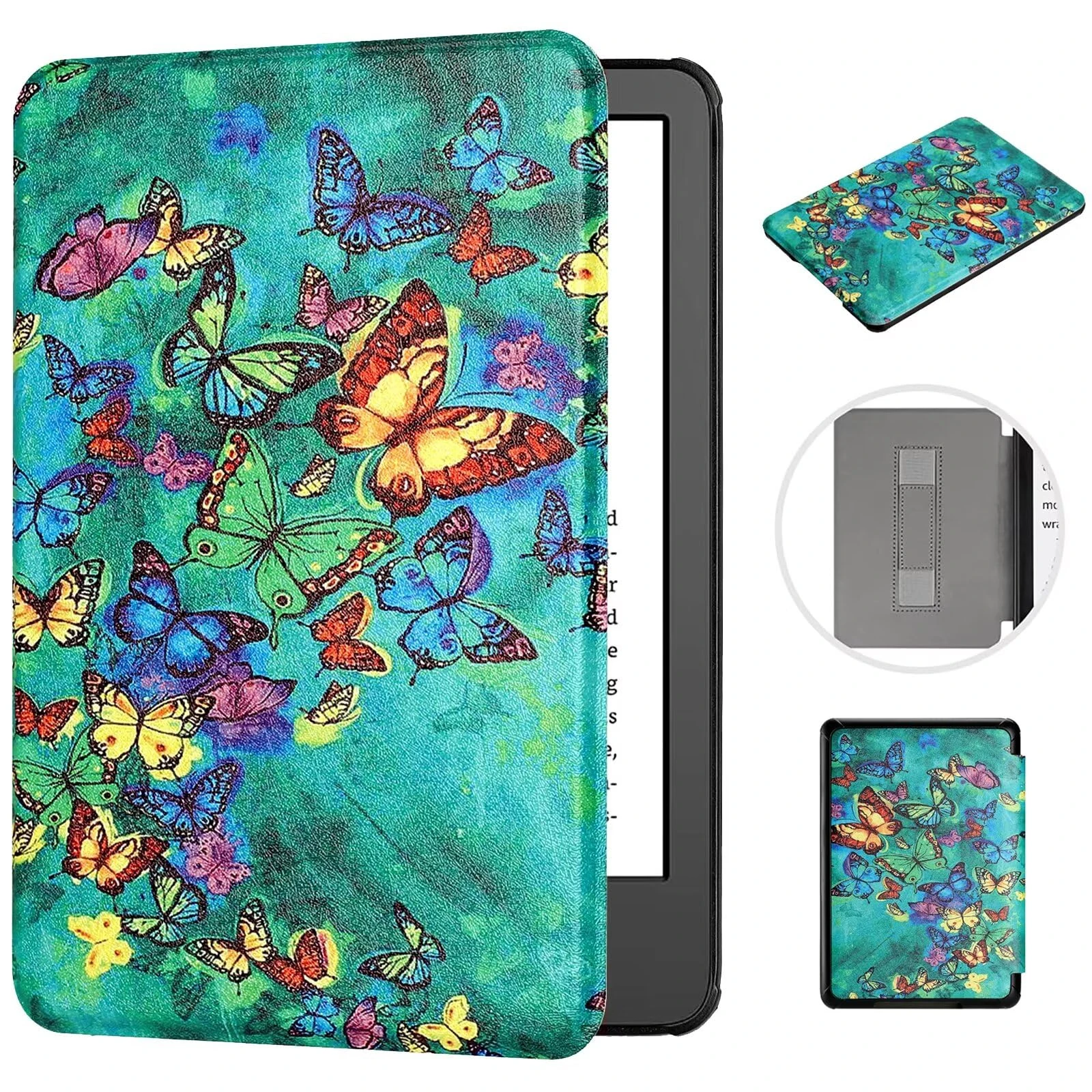 MOKASE for 6" Kindle Paperwhite 5/6/7th Generation Case 2012,2013,2015,2016 Version (Model: EY21 / DP75SDI), Slim PU Leather Hard Cover with Hand Strap for Kindle Paperwhite 6 inch, Green Butterflies