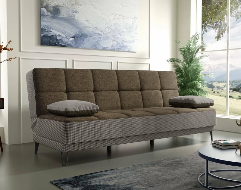 Dmora - Sofa bed Jordi, 3-seater sofa bed with black metal feet, Living room sofa in upholstered fabric with click-clack opening, 190x87h97 cm, Gray and Brown