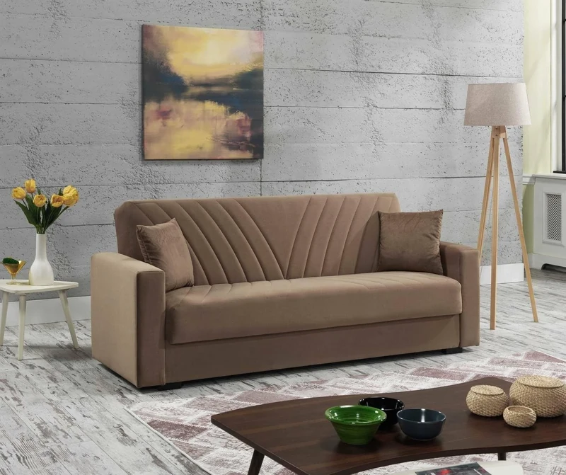 Dmora - Sofa bed Jorge, Linear 3-seater storage sofa bed with 2 cushions included, Living room sofa in padded fabric with click-clack opening, 214x81xh89 cm, Beige