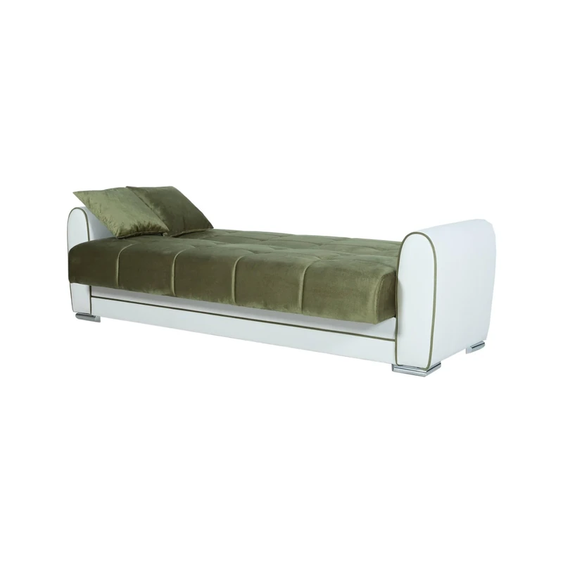 Dmora - Sofa bed Luis, 3-seater container sofa bed in eco-leather and fabric, Living room sofa in padded fabric with click-clack opening, 220x84h91 cm, White and Green