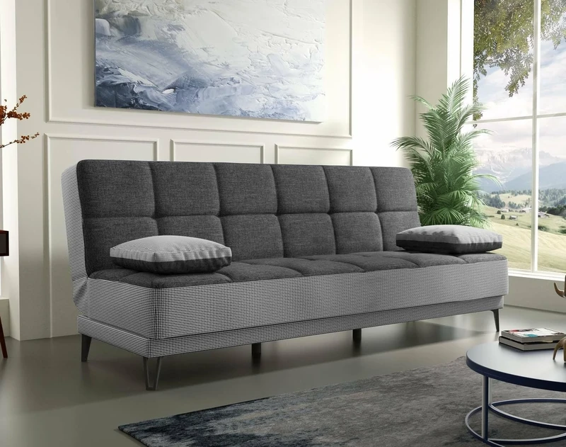 Dmora - Sofa bed Jordi, 3-seater sofa bed with black metal feet, Living room sofa in upholstered fabric with click-clack opening, 190x87h97 cm, Gray