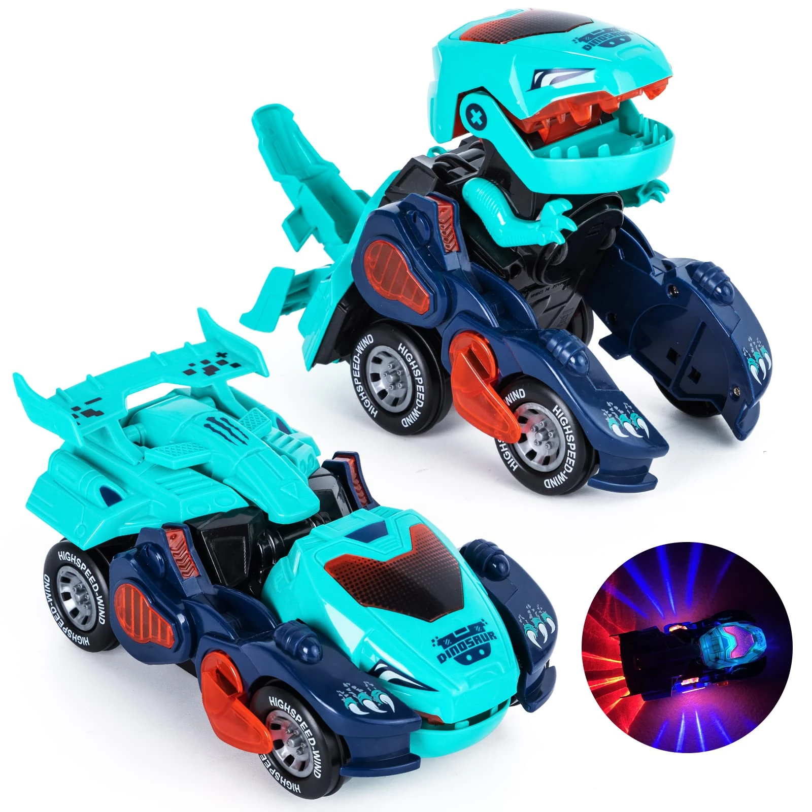 Yellcetoy Dinosaur Transforming Car, Dino Toys with Flashing Lights and Sound for Boys Girls Age 3-7 Automatic Electric Transform Cars Toy Birthday Xmas Gifts for Kids 3 4 5 6 7 Years Green Blue